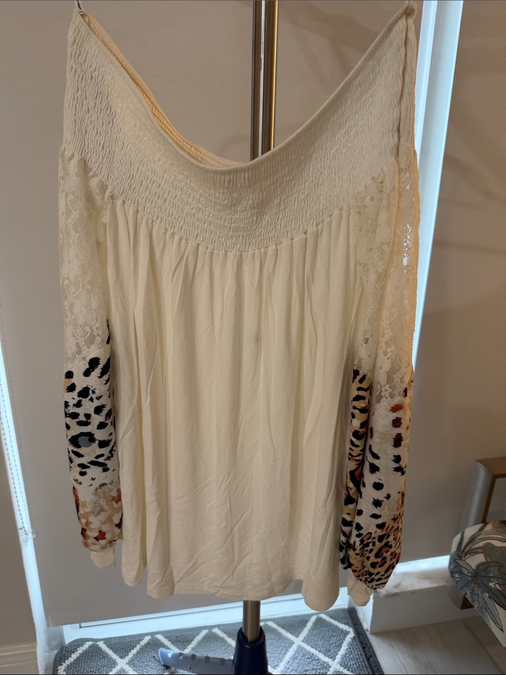 Vava by Joy Han Cream Off-Shoulder Top with Printed Bishop Sleeves